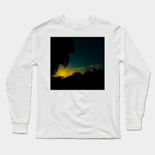 Orange Sunset, Dark Blue Skies and Trees Silhouette Long Sleeve T-Shirt